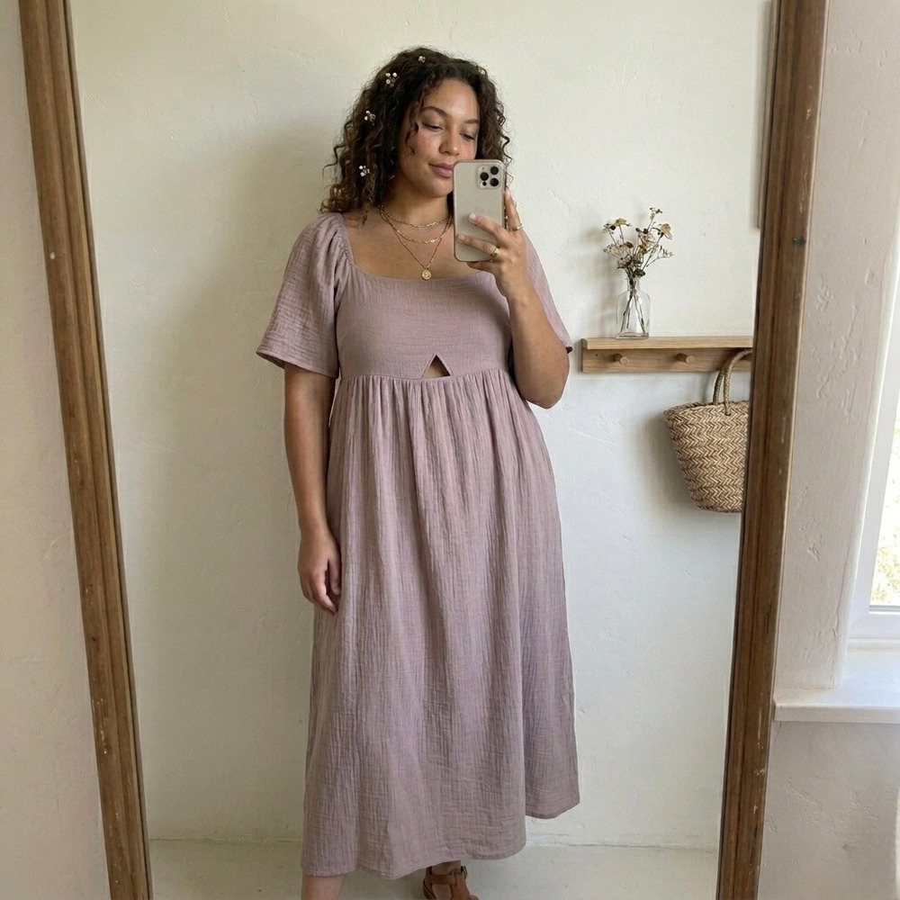 OTT Square Neck Cutout Smocked Back Midi Dress‎ XL Flutter Sleeve Soft Romantic